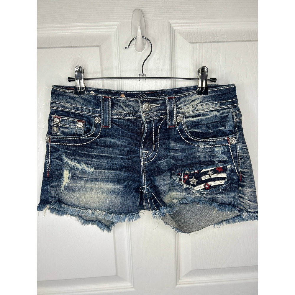 Miss Me Signature Flag Embellished Frayed Denim Shorts 26 Y2K Festival